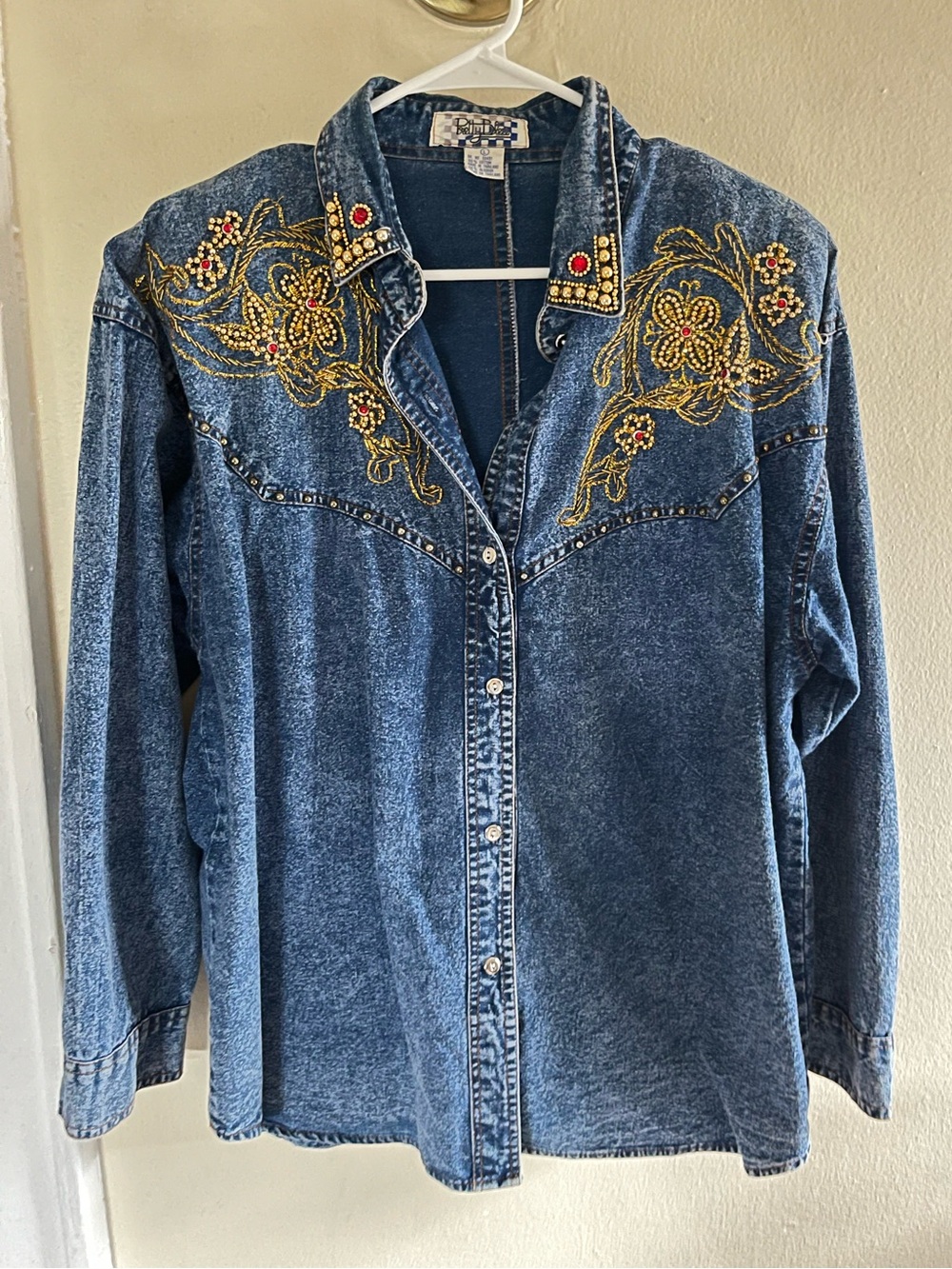 Vintage Embellished Denim Button-Up Shirt with Gold Floral Beading
